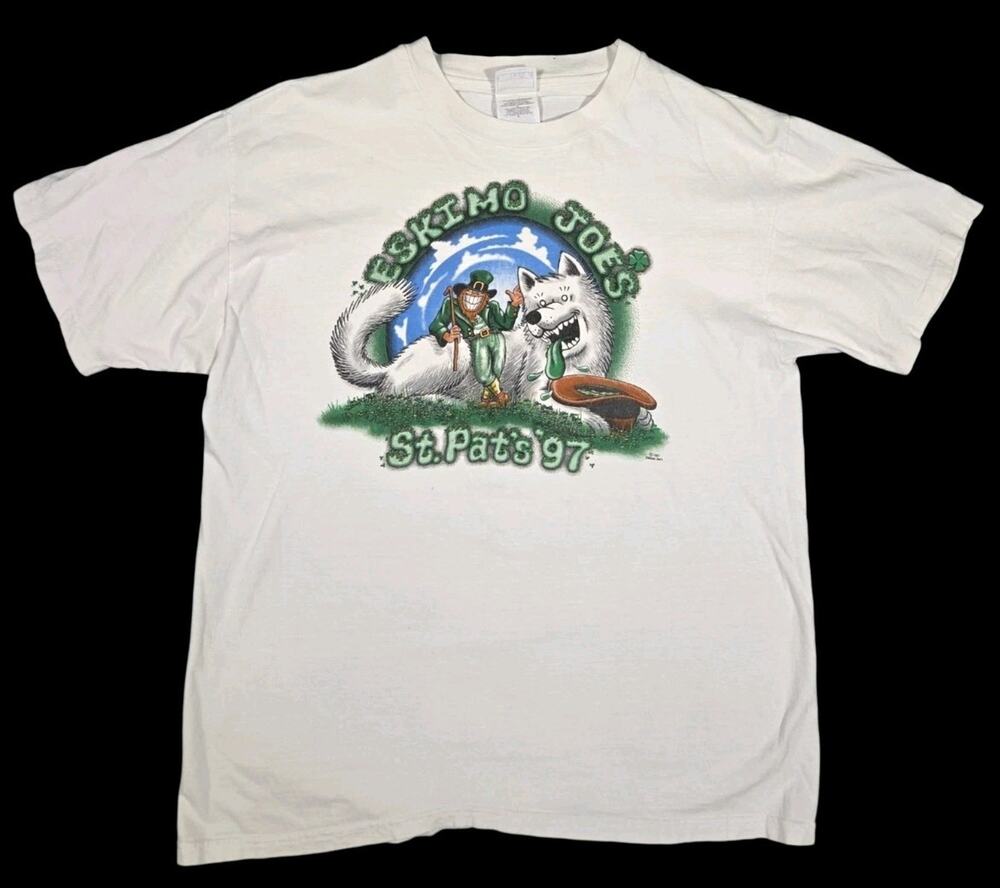 Vintage Eskimo Joes T-Shirt St Patricks Day 1997 Leprechaun White Adult Large